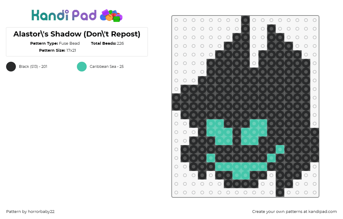 Alastor\'s Shadow (Don\'t Repost) - Fuse Bead Pattern by horrorbaby22 on Kandi Pad - alastor,shadow,hazbin hotel,demon,dark,tv show,silhouette,black,teal,face