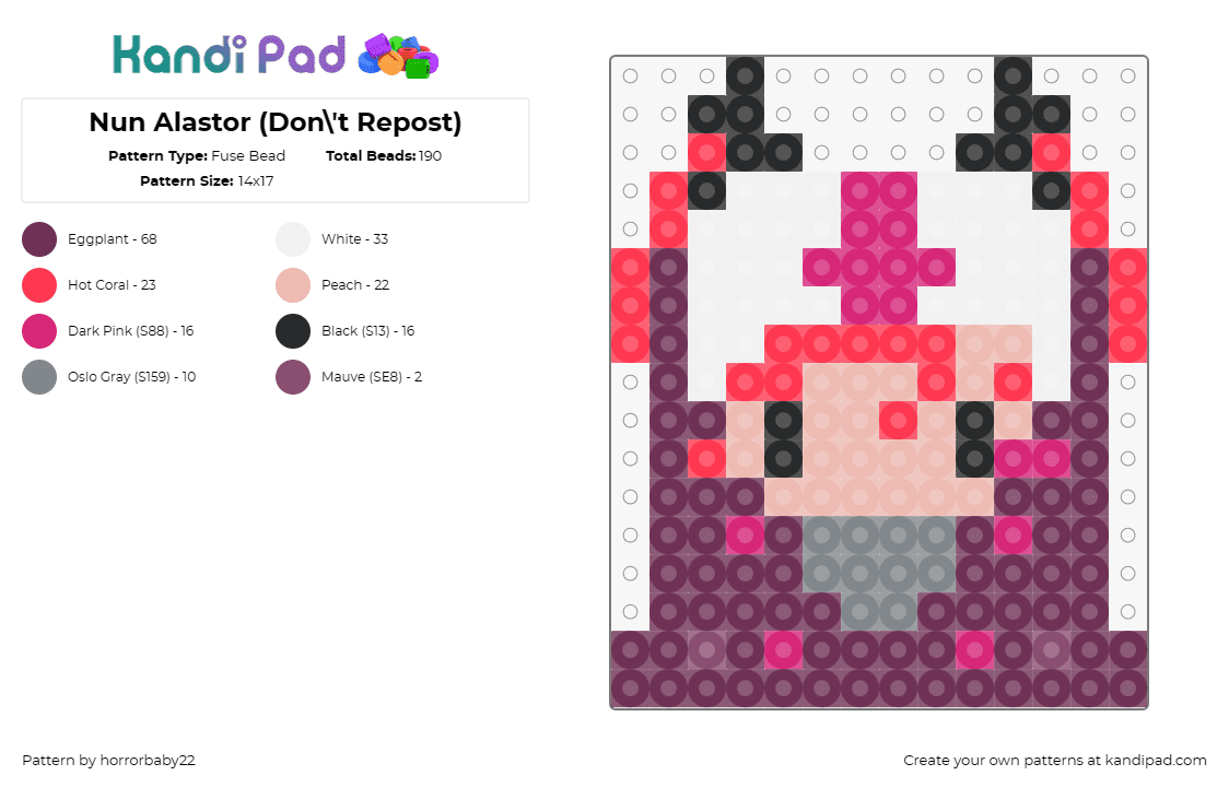 Nun Alastor (Don\'t Repost) - Fuse Bead Pattern by horrorbaby22 on Kandi Pad - alastor,hazbin hotel,nun,demon,tv show,character,costume,animation,pink,purple