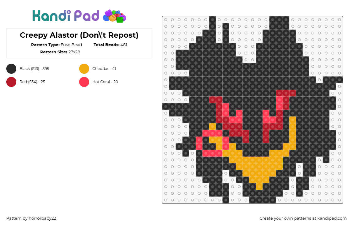 Creepy Alastor (Don\'t Repost) - Fuse Bead Pattern by horrorbaby22 on Kandi Pad - alastor,hazbin hotel,character,tv show,scary,spooky,demon,black,red,orange