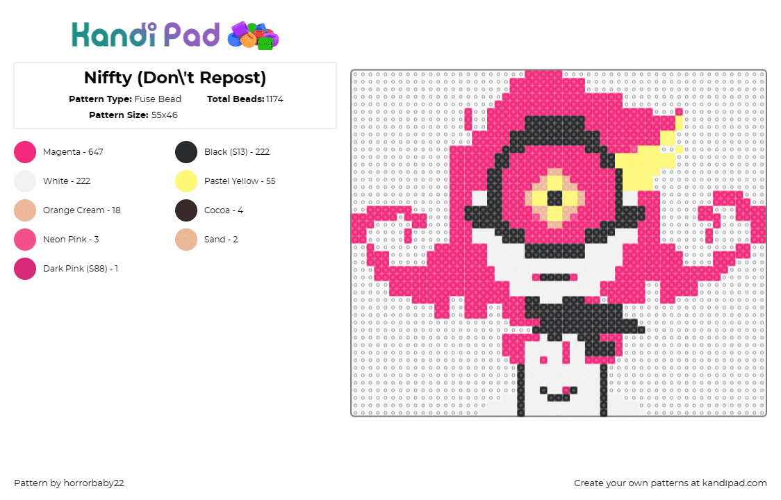 Niffty (Don\'t Repost) - Fuse Bead Pattern by horrorbaby22 on Kandi Pad - nifty,hazbin hotel,cyclops,character,animation,tv show,pink,white