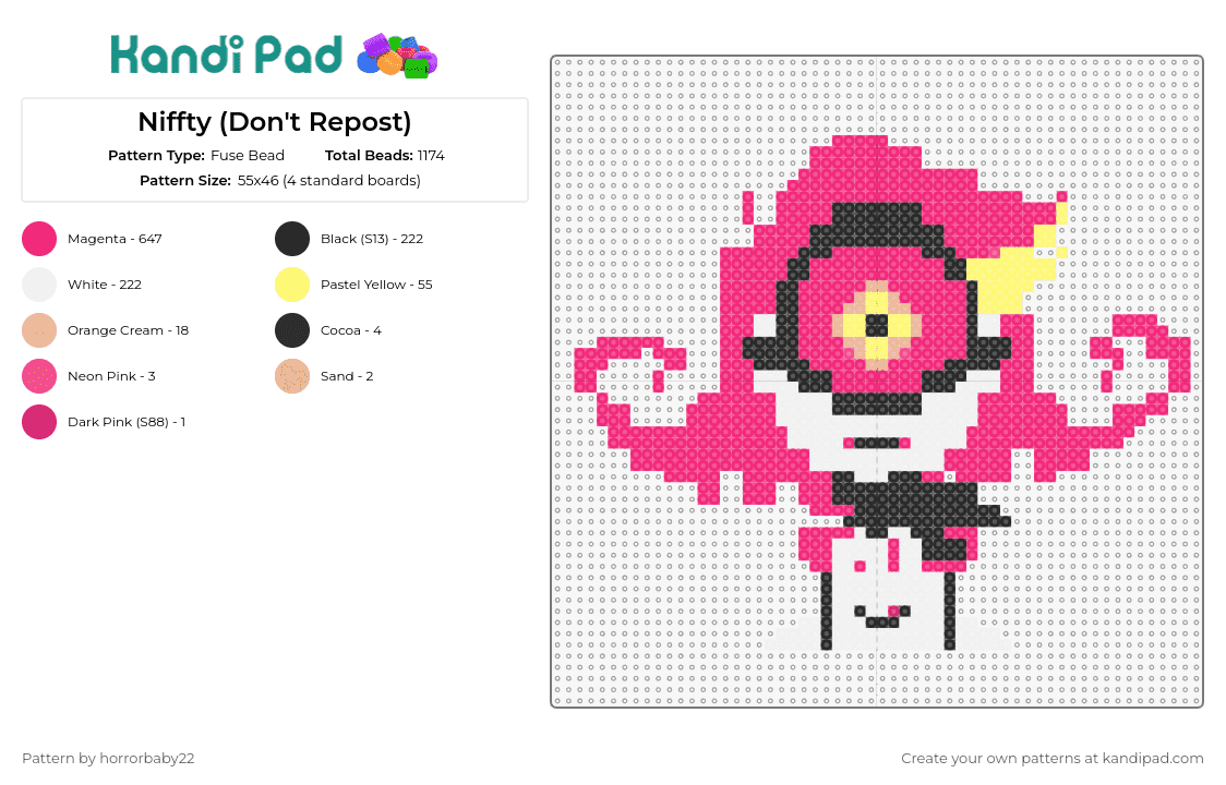 Niffty (Don\'t Repost) - Fuse Bead Pattern by horrorbaby22 on Kandi Pad - nifty,hazbin hotel,cyclops,character,animation,tv show,pink,white
