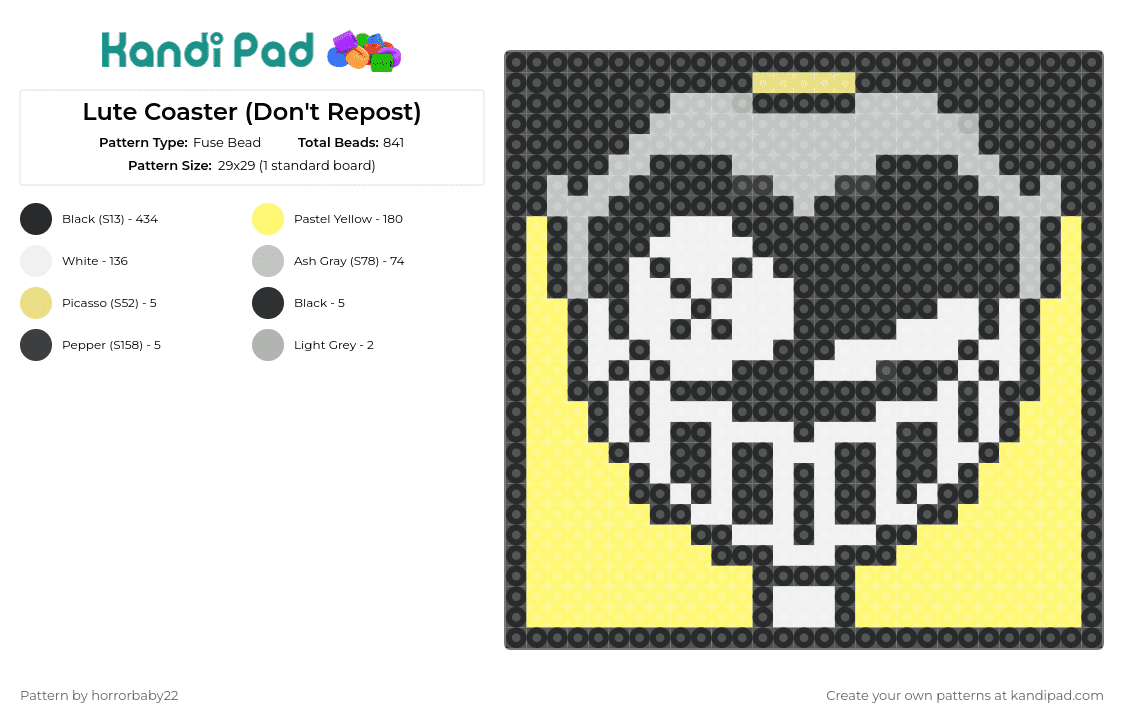 Lute Coaster (Don\'t Repost) - Fuse Bead Pattern by horrorbaby22 on Kandi Pad - lute,hazbin hotel,coaster,character,animation,tv show,jester,demon,spooky,creepy,smile,yellow,black,white