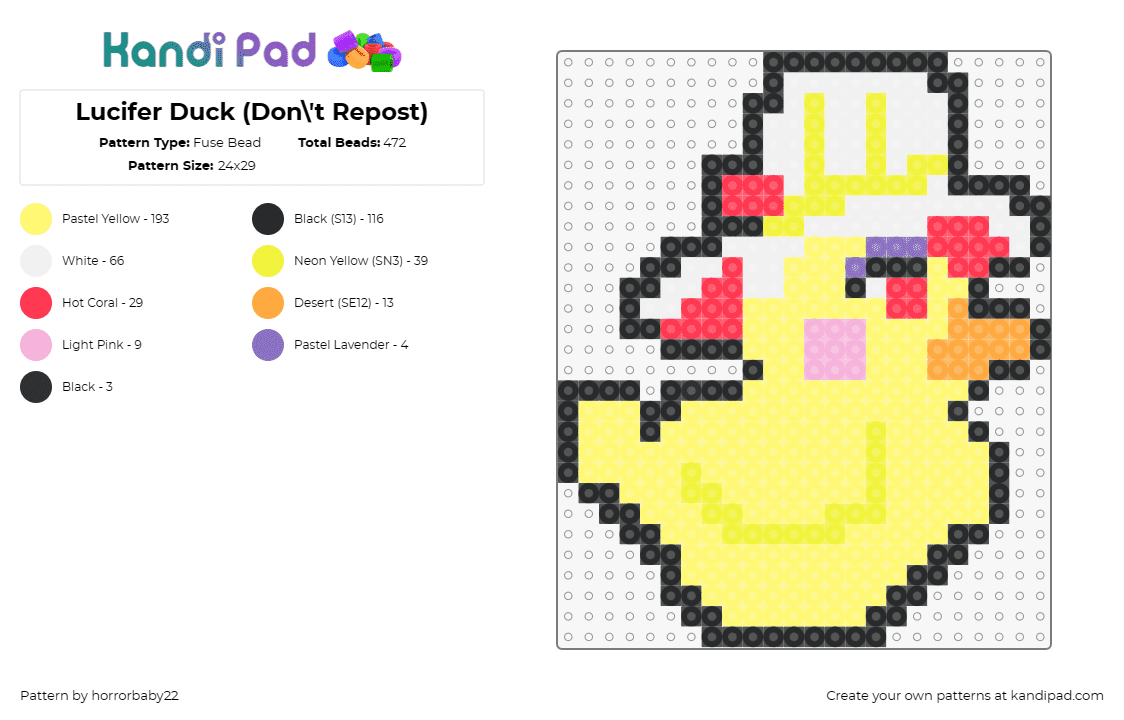 Lucifer Duck (Don\'t Repost) - Fuse Bead Pattern by horrorbaby22 on Kandi Pad - duck,lucifer morningstar,hazbin hotel,character,playful,quirky,personality,yello