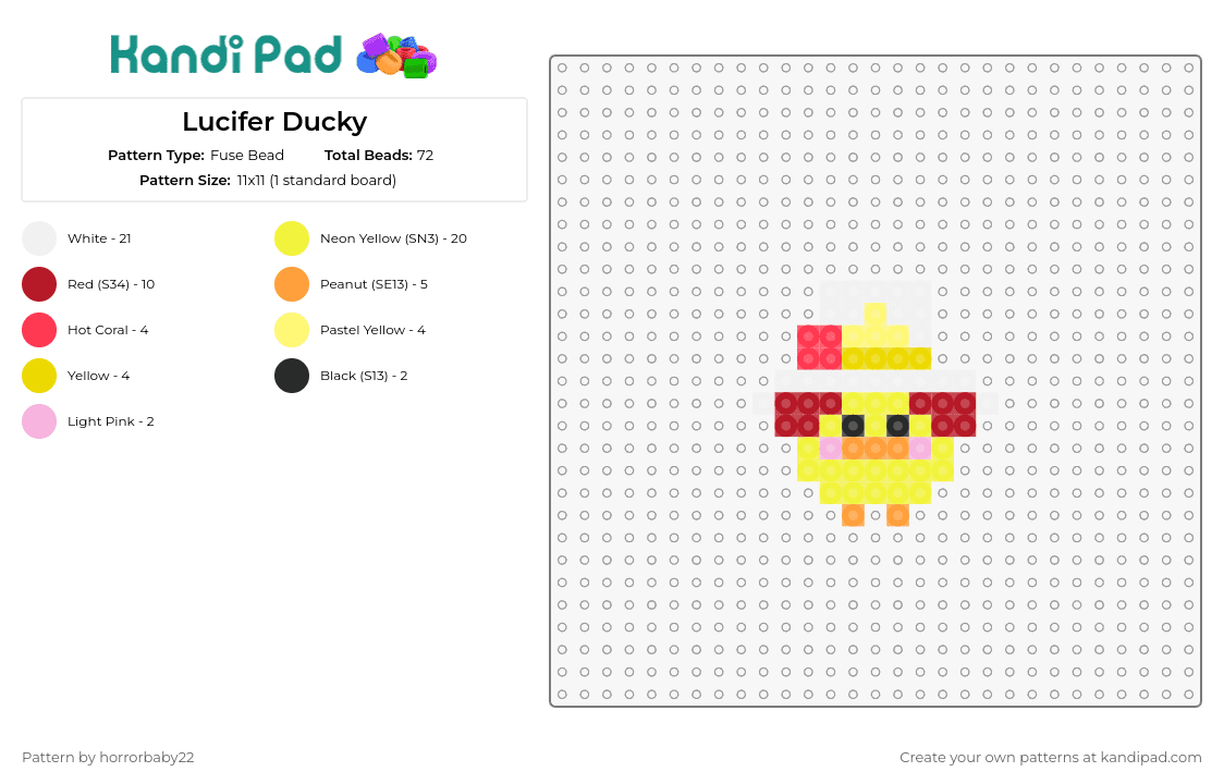 Lucifer Ducky (Don\'t Repost) - Fuse Bead Pattern by horrorbaby22 on Kandi Pad - lucifer,duck,hazbin hotel,character,tv show,animated,demon,yellow