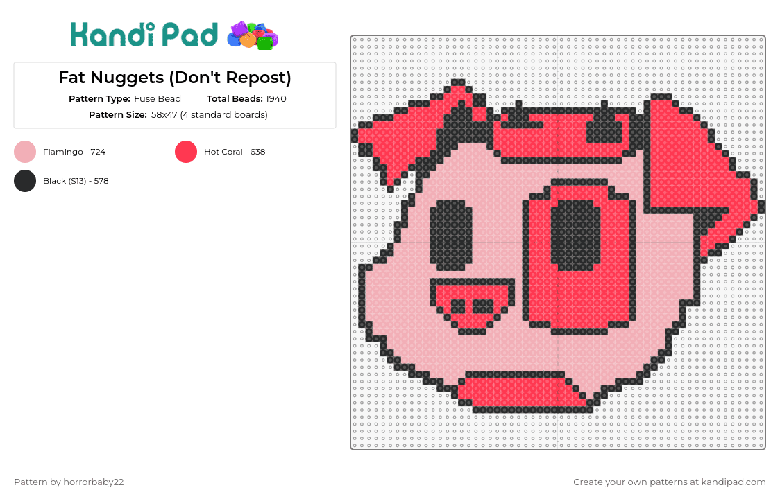 Fat Nuggets (Don\'t Repost) - Fuse Bead Pattern by horrorbaby22 on Kandi Pad - fat nuggets,hazbin hotel,pig,character,demon,tv show,animal,animated,pink