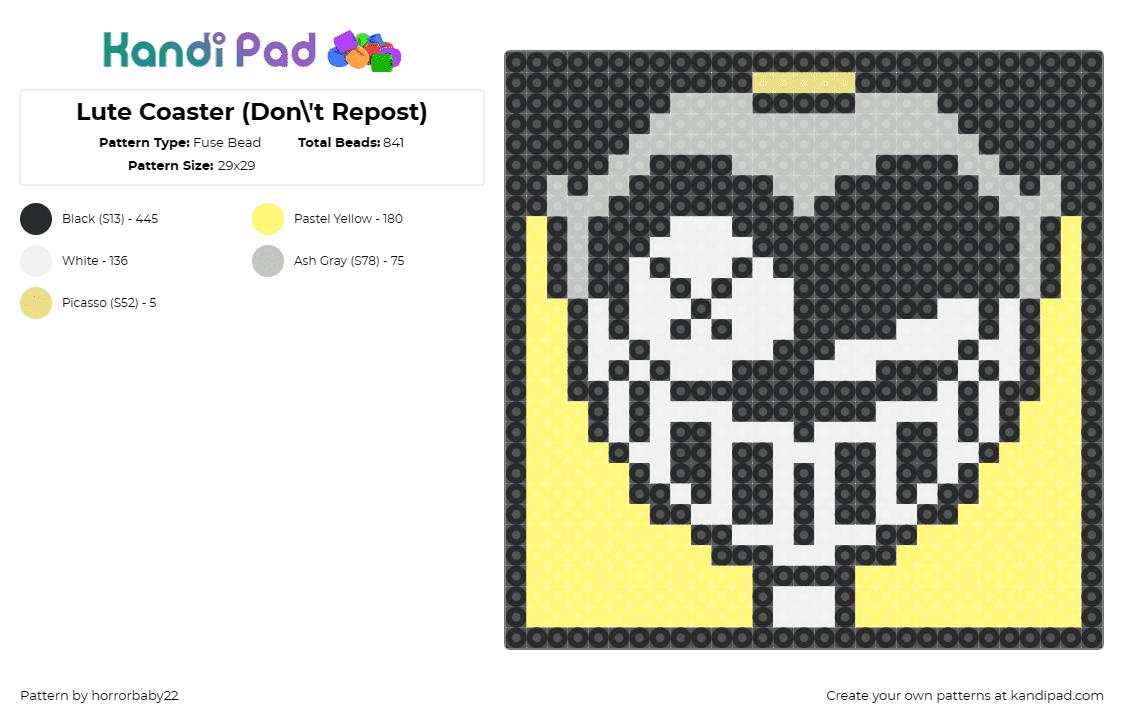 Lute Coaster (Don\'t Repost) - Fuse Bead Pattern by horrorbaby22 on Kandi Pad - lute,hazbin hotel,coaster,character,animation,tv show,jester,demon,spooky,creepy