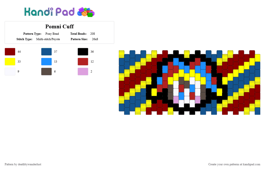Pomni Cuff - Pony Bead Pattern by deathbywanderlust on Kandi Pad - yellow,blue,red,pomni,tadc,fandom