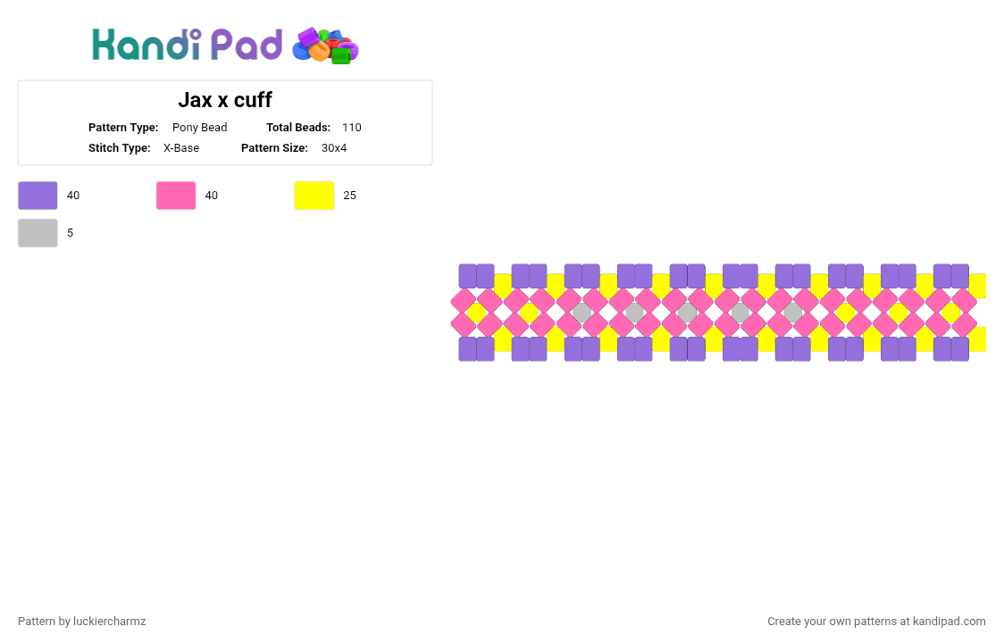 Jax x cuff - Pony Bead Pattern by luckiercharmz on Kandi Pad - purple,pink