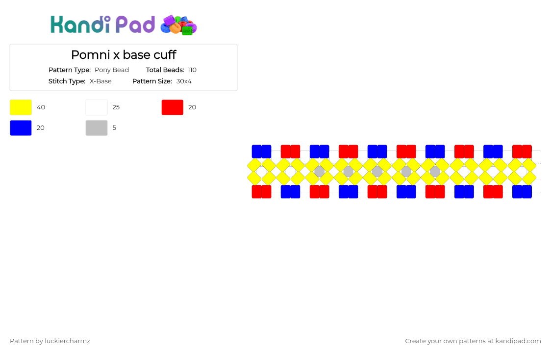 Pomni x base cuff - Pony Bead Pattern by luckiercharmz on Kandi Pad - red,purple,yellow,pomni,tadc