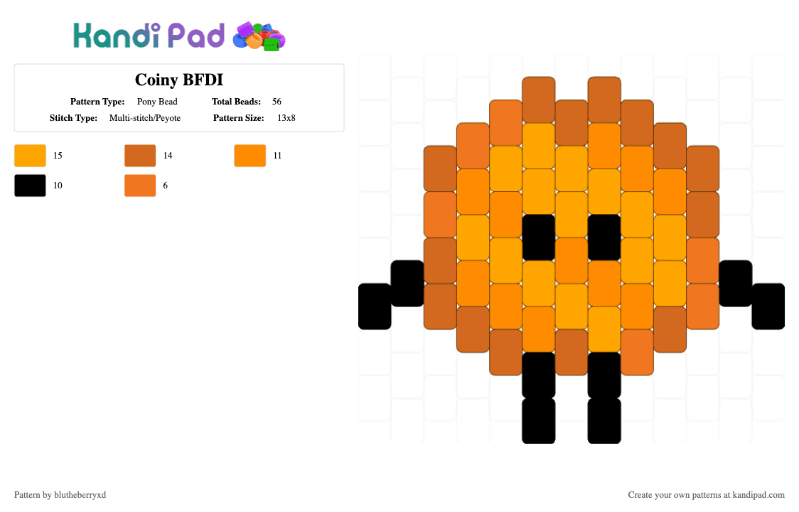Coiny BFDI - Pony Bead Pattern by blutheberryxd on Kandi Pad - orange,bfdi,coiny,bfb,bfdia,idfb,tpot