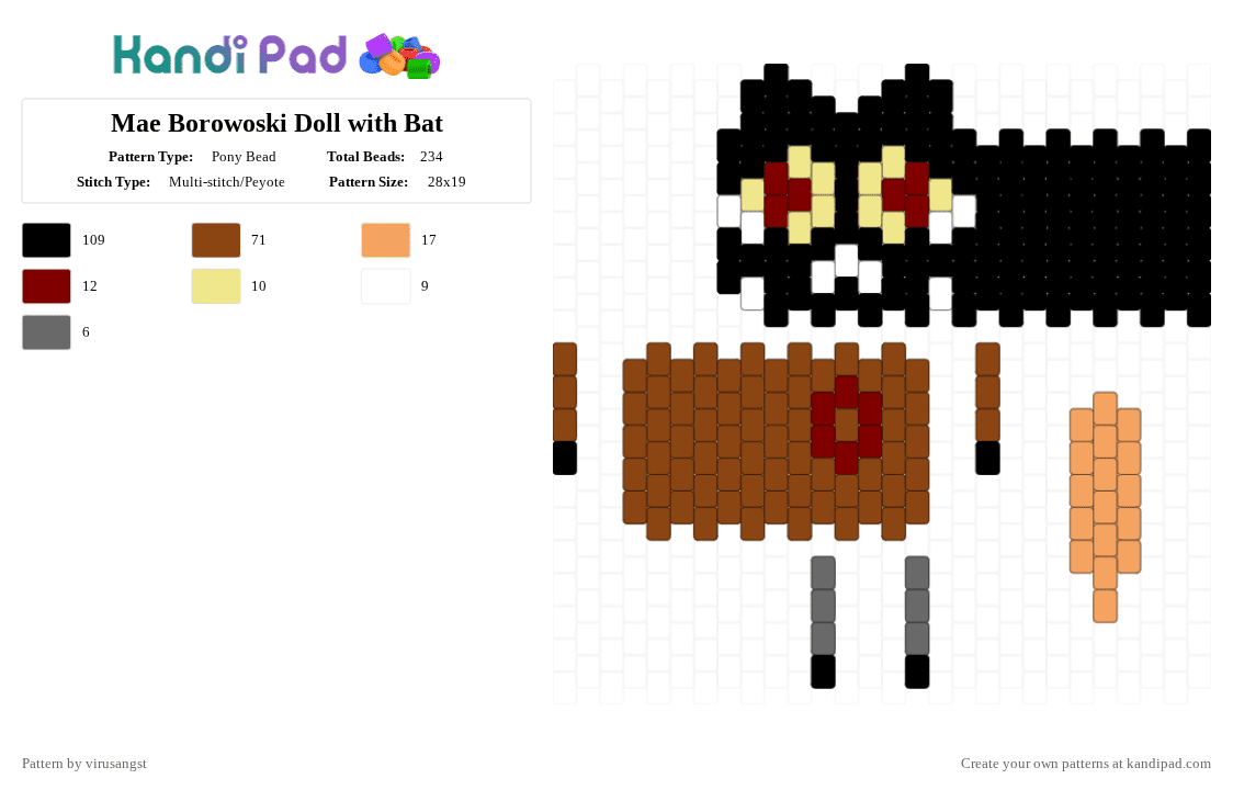 Mae Borowoski Doll with Bat - Pony Bead Pattern by virusangst on Kandi Pad - black,red,mae borowski,night in the woods,mae night in the woods,cat,doll,silly