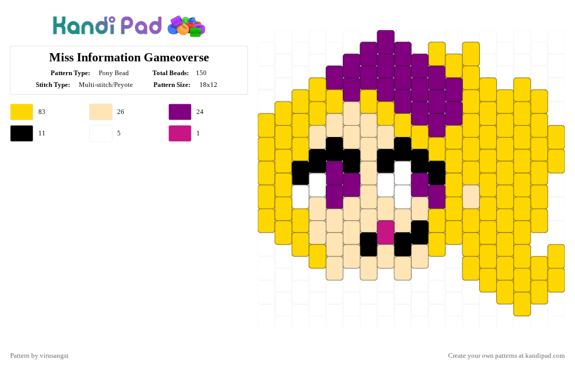 Miss Information Gameoverse - Pony Bead Pattern by virusangst on Kandi Pad - yellow,miss information,gameoverse,miss information gameoverse,video game,charm,indie