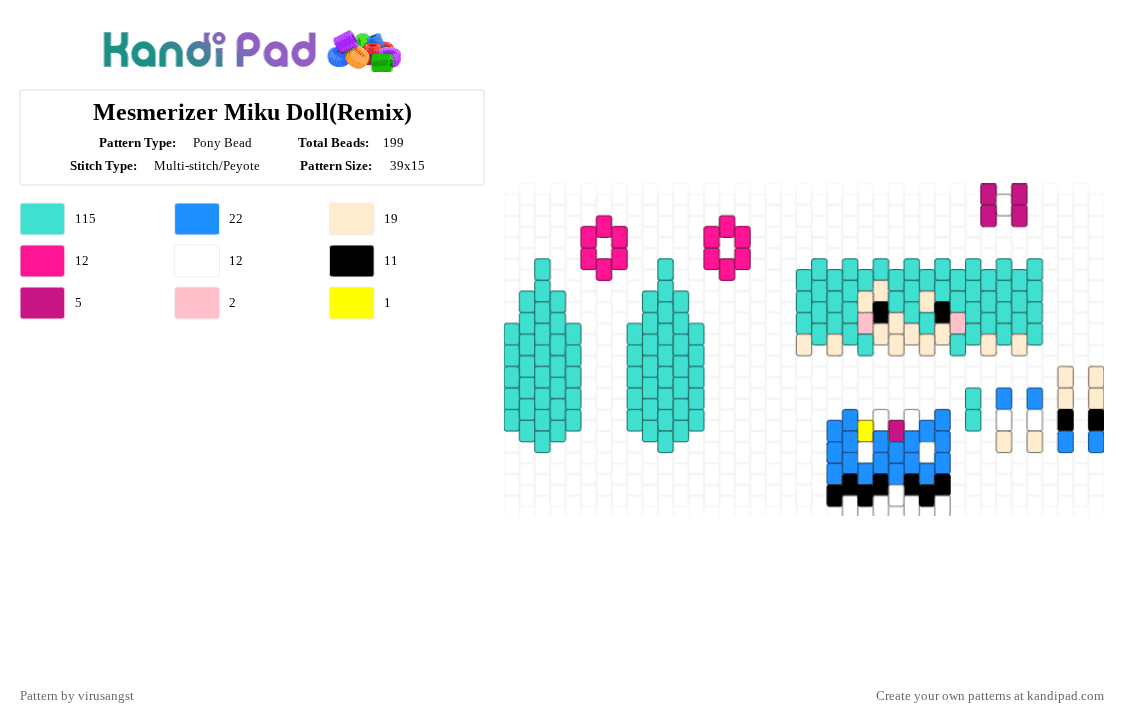 Mesmerizer Miku Doll(Remix) - Pony Bead Pattern by virusangst on Kandi Pad - light blue,miku,hatsune miku,doll