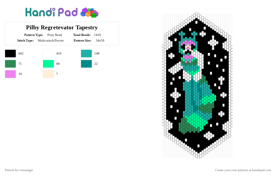 Pilby Regretevator Tapestry - Pony Bead Pattern by virusangst on Kandi Pad - black,white,teal,pilby,regretevator,cattepillar,tapestry,colorful,silly,elevator