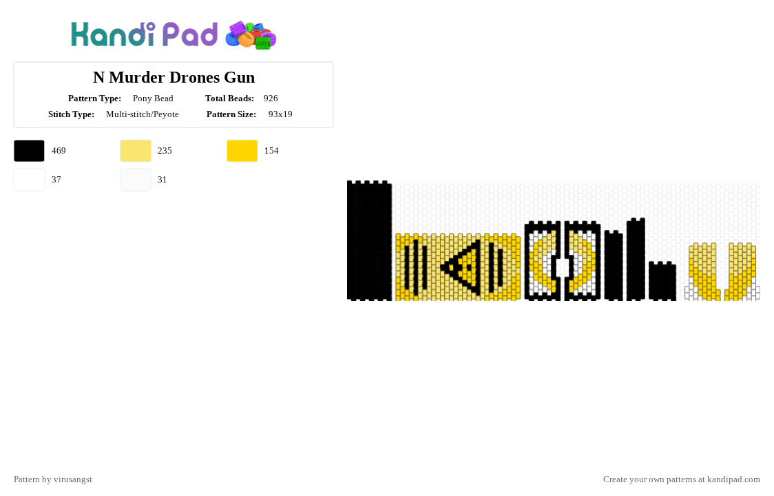 N Murder Drones Gun - Pony Bead Pattern by virusangst on Kandi Pad - yellow,n,murder drones,murder drones n,n murder drones,gun