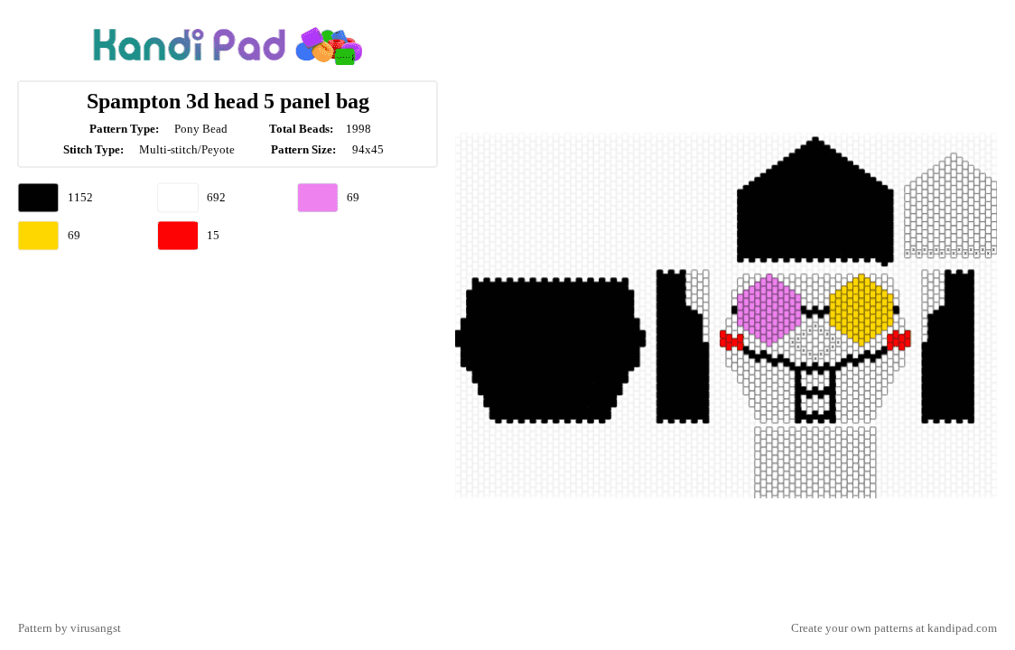 Spampton 3d head 5 panel bag - Pony Bead Pattern by virusangst on Kandi Pad - black,white,pink,yellow,spampton,tenna,deltarune,bag