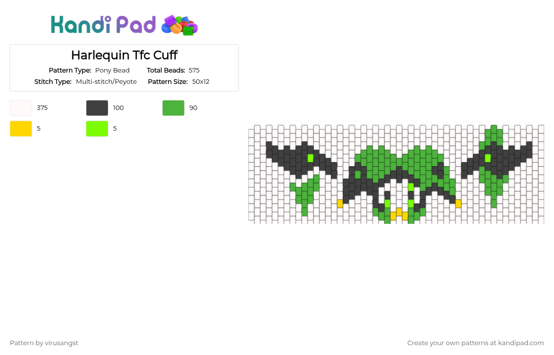 Harlequin Tfc Cuff - Pony Bead Pattern by virusangst on Kandi Pad - white,green,tfc,harlequin,jester,circus,harlequin tfc