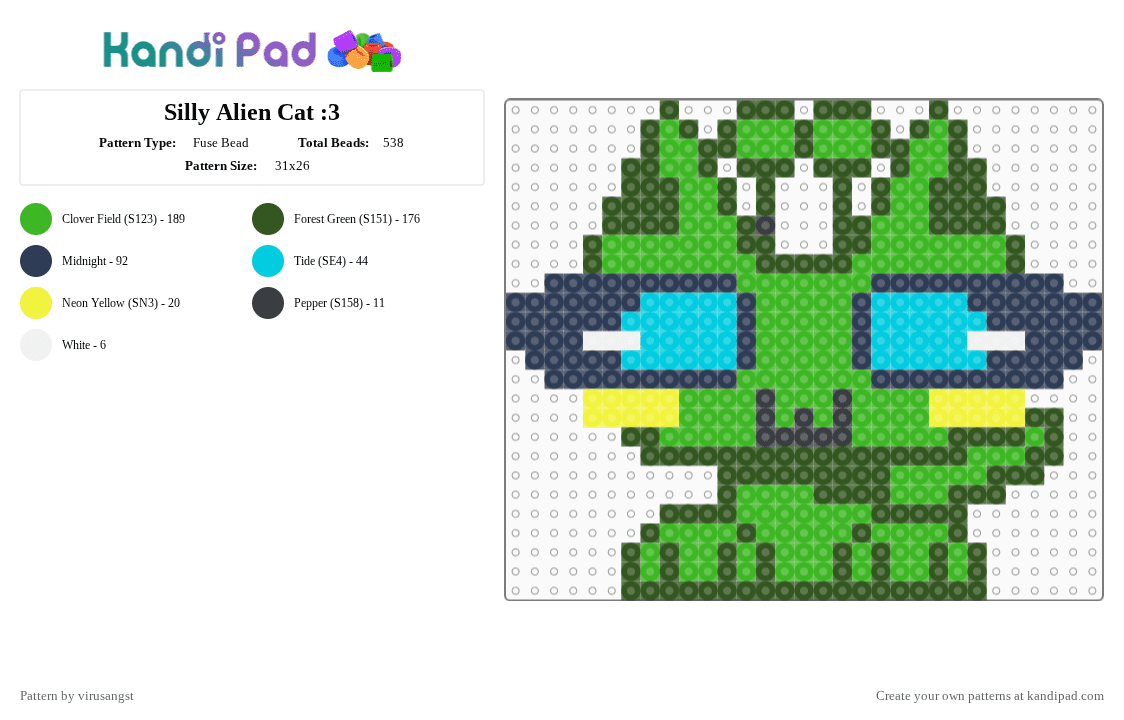 Silly Alien Cat :3 - Fuse Bead Pattern by virusangst on Kandi Pad - gold,green,alien,cat,silly,goober,alien cat,scene,space