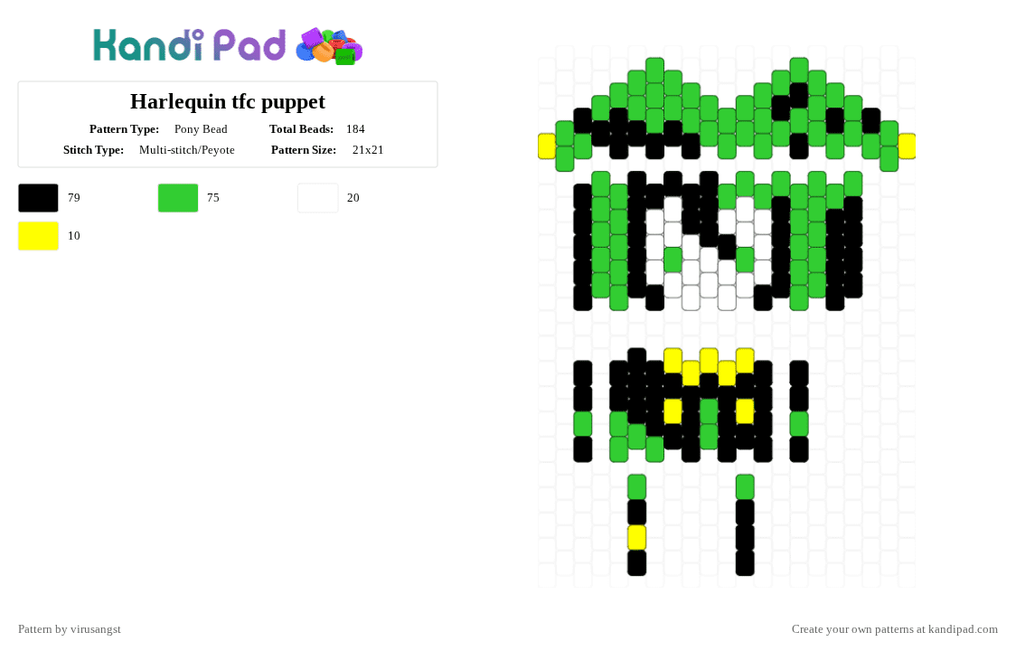 Harlequin tfc puppet - Pony Bead Pattern by virusangst on Kandi Pad - green,harlequin,tfc,harlequin tfc,the freak circus,puppet,doll