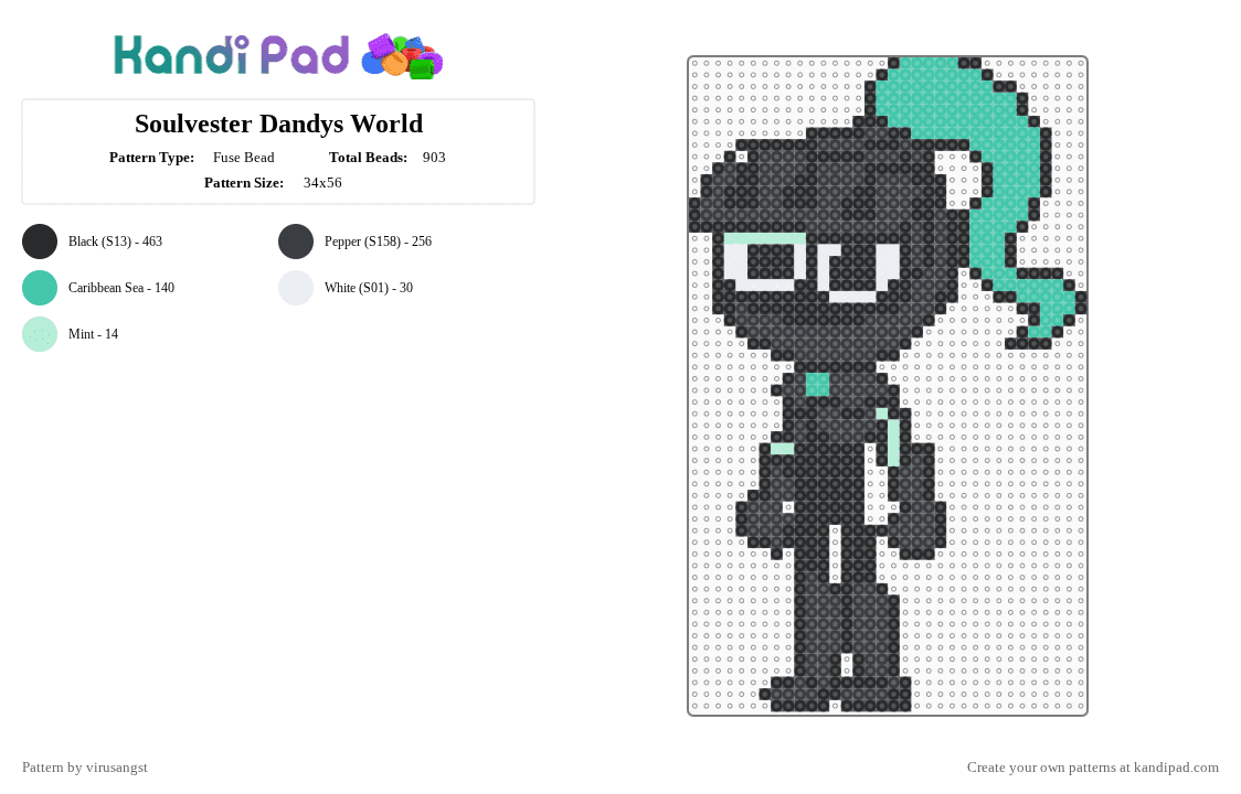 Soulvester Dandys World - Fuse Bead Pattern by virusangst on Kandi Pad - black,teal,soulvester,dandys world,ghost