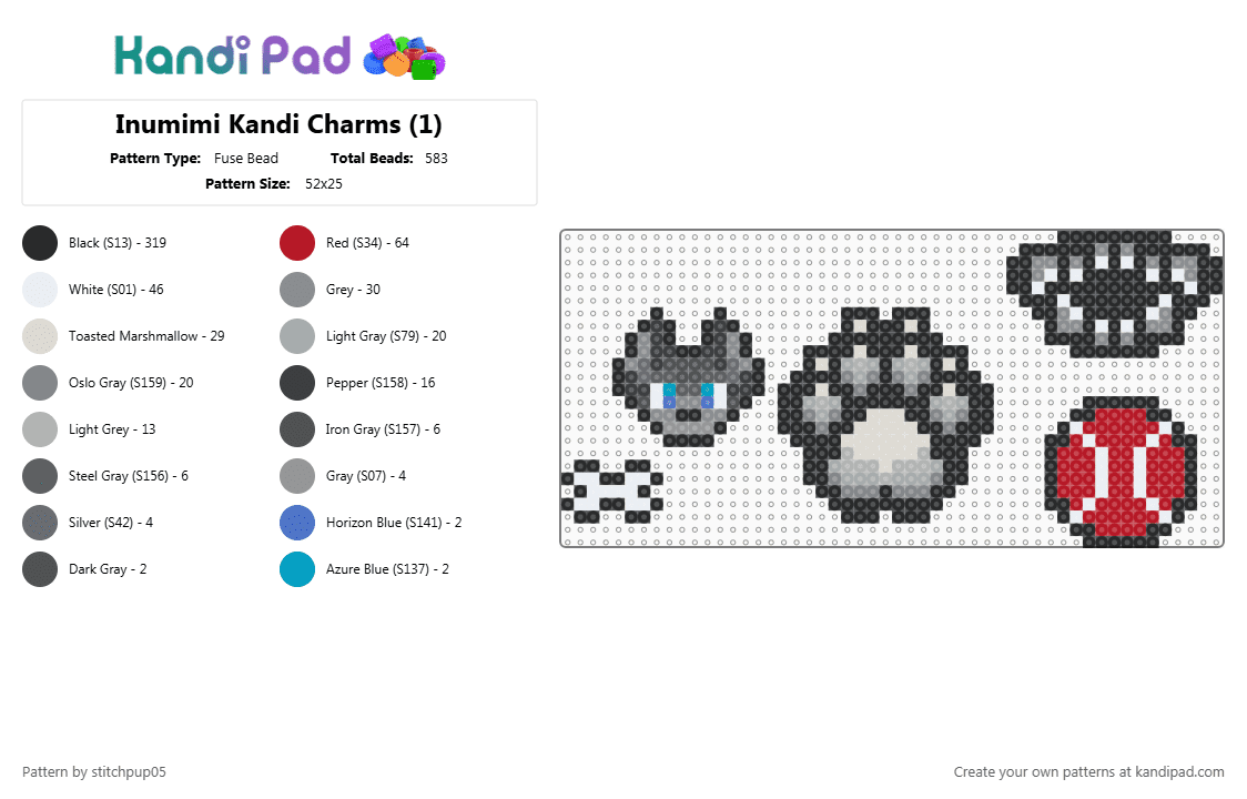 Inumimi Kandi Charms (1) - Fuse Bead Pattern by stitchpup05 on Kandi Pad - black,gray,beige,red
