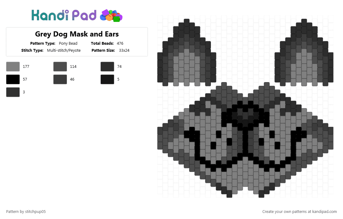 Grey Dog Mask and Ears - Pony Bead Pattern by stitchpup05 on Kandi Pad - gray,black,furry,fursona,kemonomimi,inumimi,dogboy