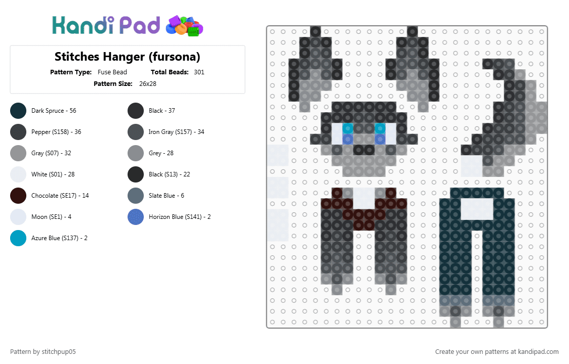 Stitches Hanger (fursona) - Fuse Bead Pattern by stitchpup05 on Kandi Pad - black,gray,purple,furry,fursona,canine,dog,dogfursona