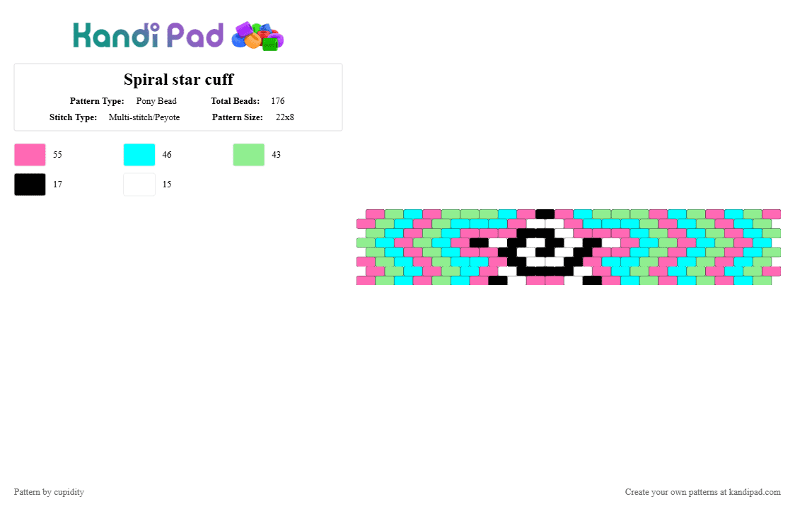 Spiral star cuff - Pony Bead Pattern by cupidity on Kandi Pad - pink,light blue