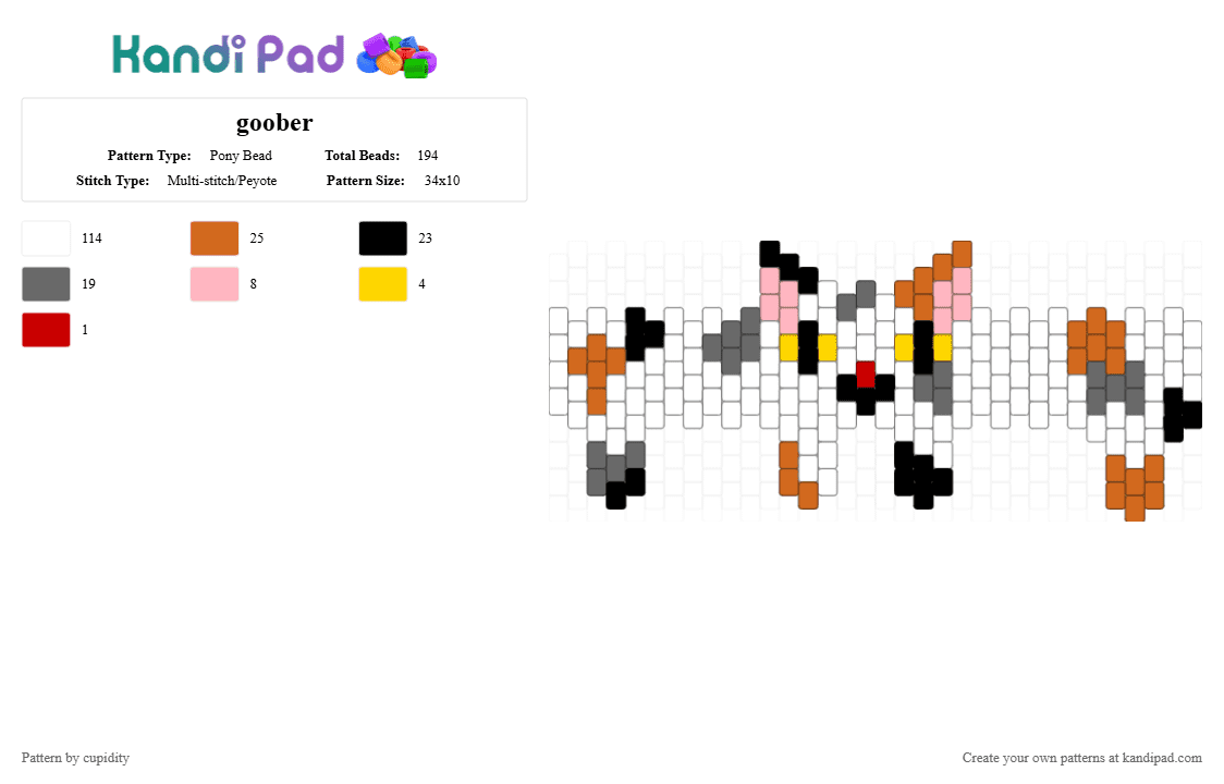 Calico cat cuff - Pony Bead Pattern by cupidity on Kandi Pad - white,orange,gray