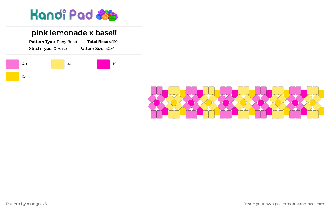 pink lemonade x base!! - Pony Bead Pattern by mango_grass_x3 on Kandi Pad - pink,yellow,summer,small,cuff,drink