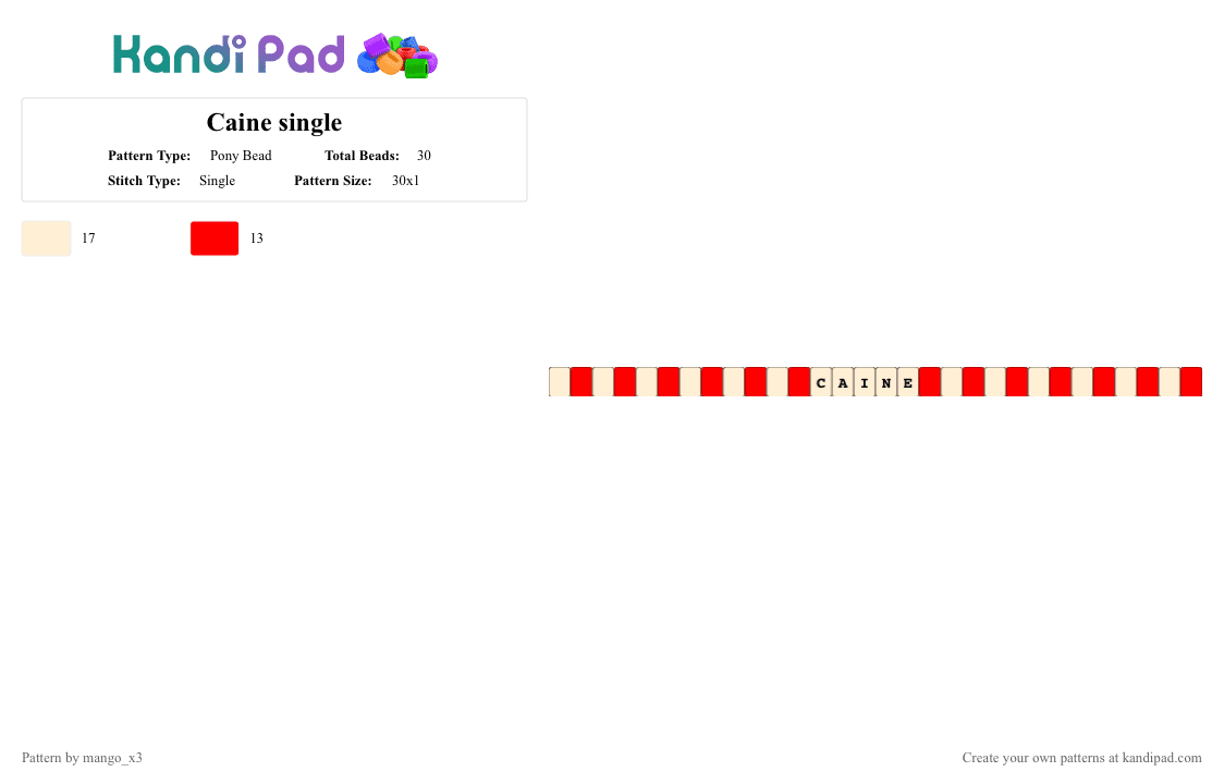 Caine single - Pony Bead Pattern by mango_grass_x3 on Kandi Pad - red,beige,tadc,caine,single