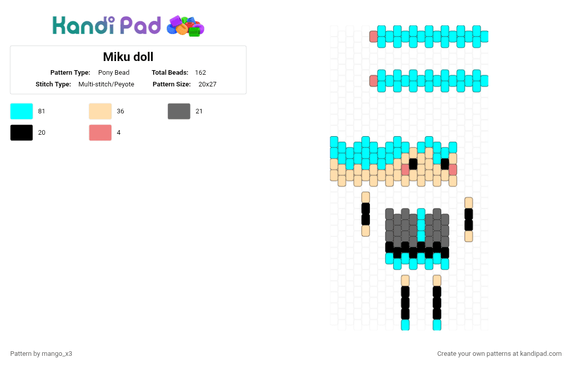 Miku doll - Pony Bead Pattern by mango_grass_x3 on Kandi Pad - beige,light blue,miku,doll,3d