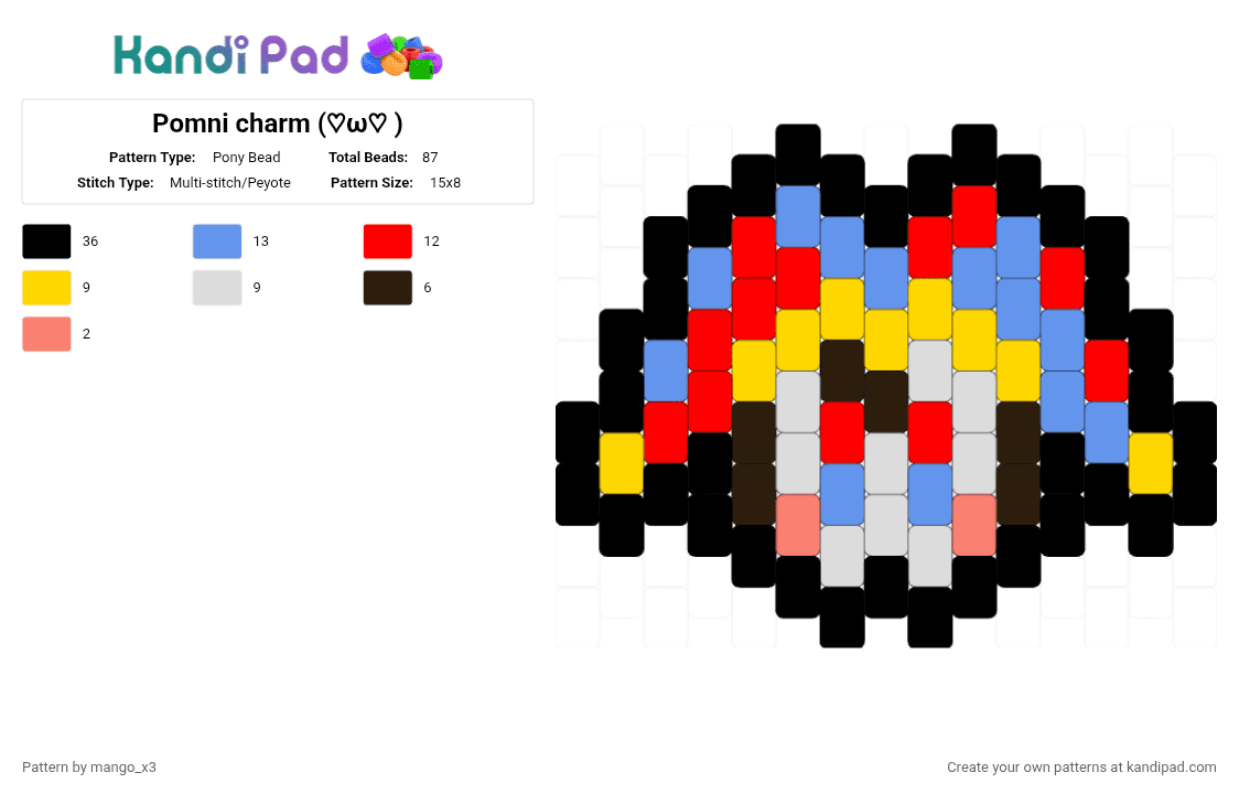 Pomni charm (⁠♡⁠ω⁠♡⁠ ⁠)⁠ - Pony Bead Pattern by mango_grass_x3 on Kandi Pad - yellow,light blue,red,pomni,charm,multistich,peyote