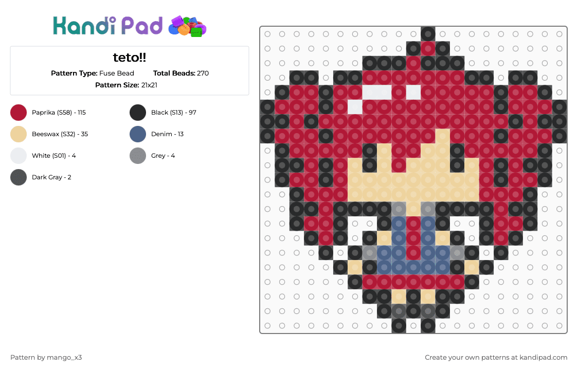 teto!! - Fuse Bead Pattern by mango_grass_x3 on Kandi Pad - red,vocaloid,triple baka,kasane,kasane teto,r,teto,grey