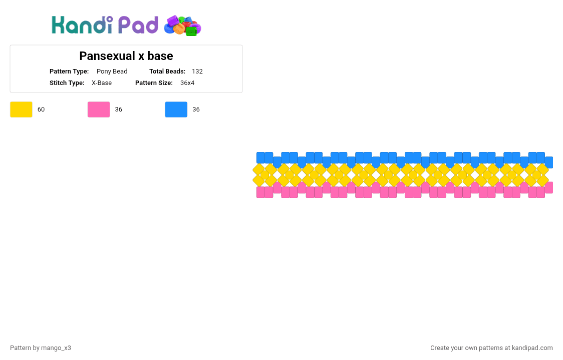Pansexual x base - Pony Bead Pattern by mango_grass_x3 on Kandi Pad - pansexual, pride, x base, yellow