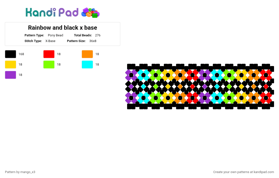 Rainbow and black x base - Pony Bead Pattern by mango_grass_x3 on Kandi Pad - black,orange,green,purple,colorful,rainbow,x base
