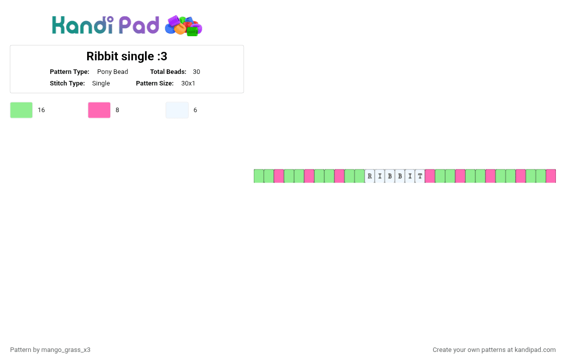 Ribbit single :3 - Pony Bead Pattern by mango_grass_x3 on Kandi Pad - teal,pink,tadc,frog,cute,small