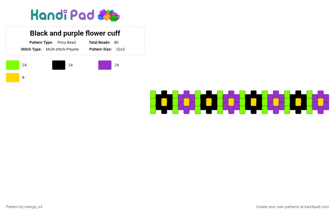 Black and purple flower cuff - Pony Bead Pattern by mango_grass_x3 on Kandi Pad - green,purple,black,flower,cuff