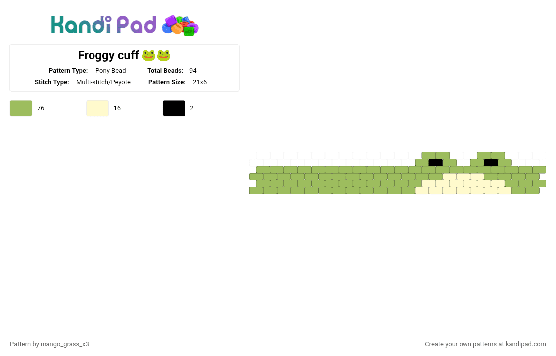 Froggy cuff 🐸🐸 - Pony Bead Pattern by mango_grass_x3 on Kandi Pad - green,nature,cute