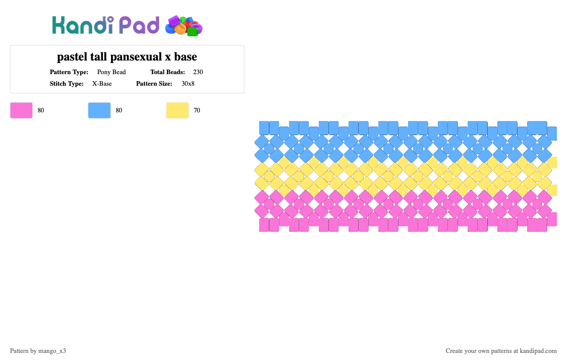 pastel tall pansexual x base - Pony Bead Pattern by mango_grass_x3 on Kandi Pad - pink,light blue,yellow,blue,x base,pan,pastel,colourful