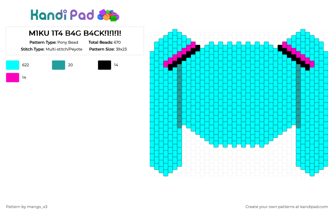 M1KU 1T4 B4G B4CK!1!1!1! - Pony Bead Pattern by mango_grass_x3 on Kandi Pad - light blue,miku,vocaloid,ita,ita bag,bag