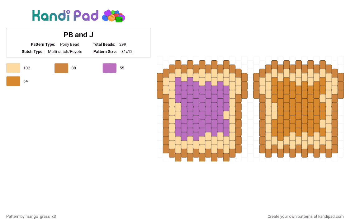 PB and J - Pony Bead Pattern by mango_grass_x3 on Kandi Pad - orange,beige,food