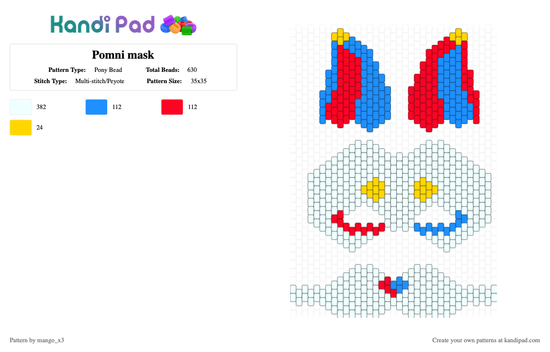 Pomni mask - Pony Bead Pattern by mango_grass_x3 on Kandi Pad - white,light blue,red,therian,mask,tadc,the amazing digital circus,pomni,blue