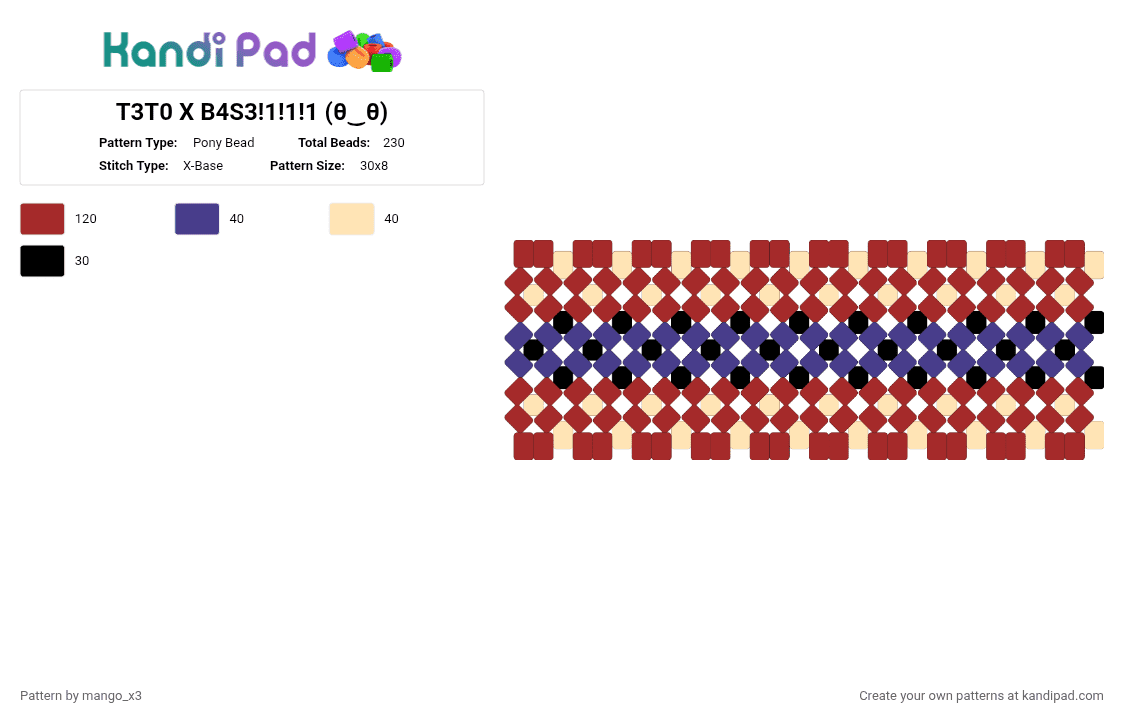 T3T0 X B4S3!1!1!1 (⁠θ⁠‿⁠θ⁠) - Pony Bead Pattern by mango_grass_x3 on Kandi Pad - red,teto,x base,baguette