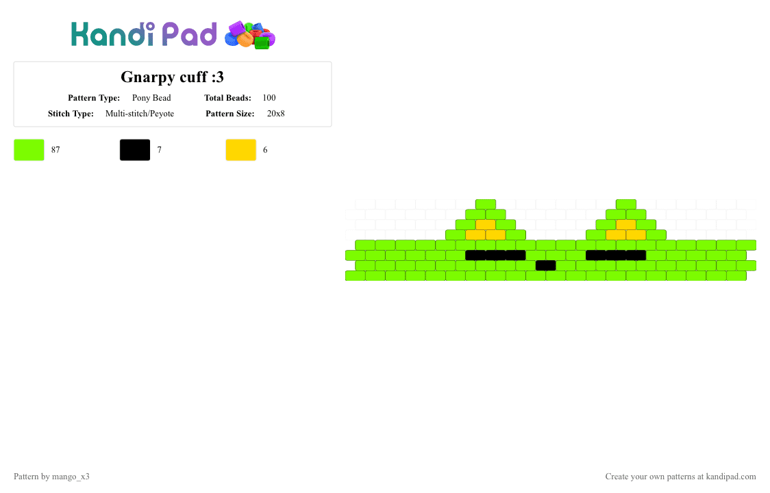 Gnarpy cuff :3 - Pony Bead Pattern by mango_grass_x3 on Kandi Pad - green,gnarpy,cuff