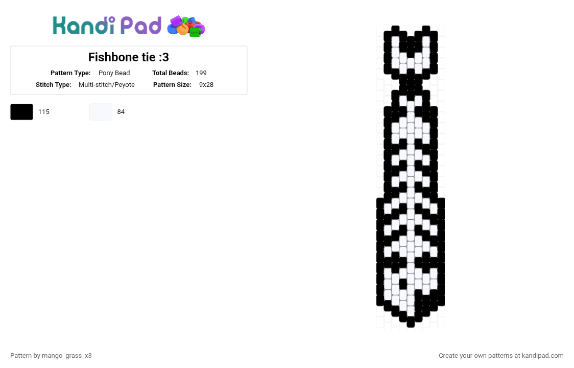 Fishbone tie :3 - Pony Bead Pattern by mango_grass_x3 on Kandi Pad - black,white,feesh,monochrome