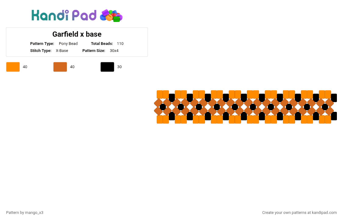 Garfield x base - Pony Bead Pattern by mango_grass_x3 on Kandi Pad - orange,black,garfield,x base