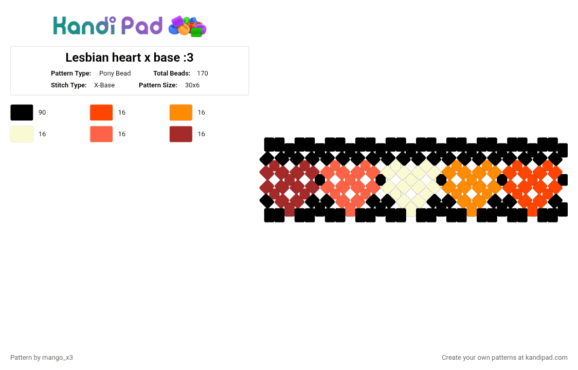 Lesbian heart x base :3 - Pony Bead Pattern by mango_grass_x3 on Kandi Pad - red,lesbian,heart,x bae,orange,pink