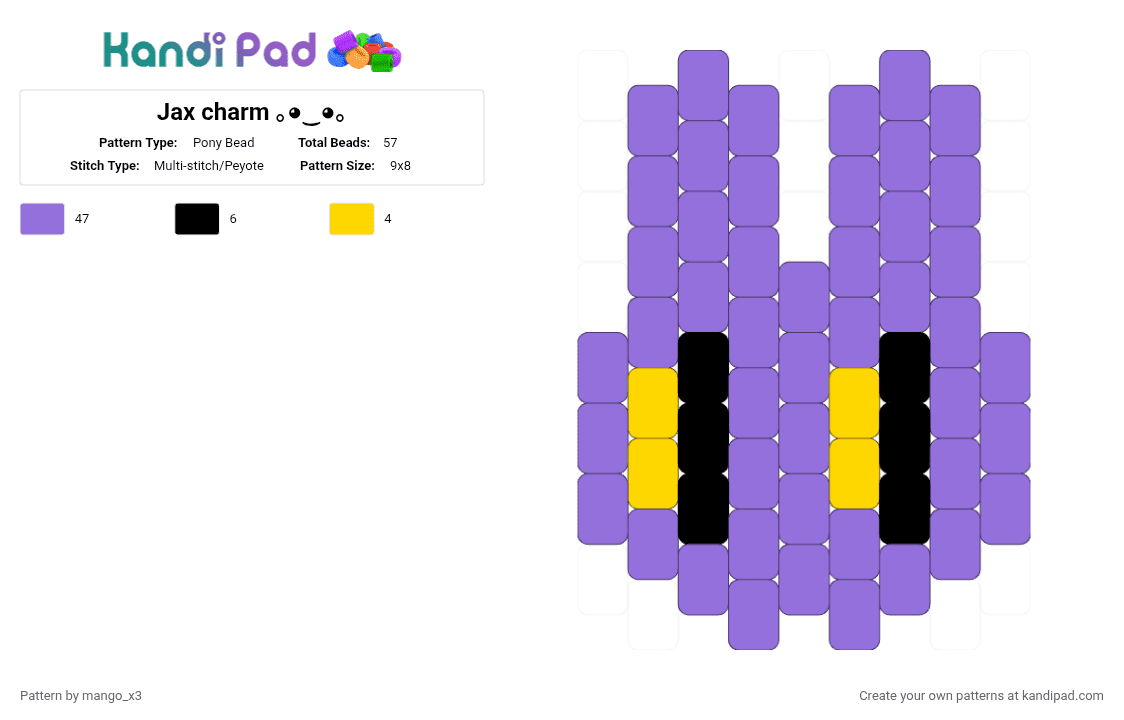 Jax charm ｡⁠◕⁠‿⁠◕⁠｡ - Pony Bead Pattern by mango_grass_x3 on Kandi Pad - charm, jax, multistich, peyote, purple