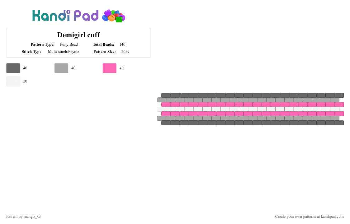 Demigirl cuff - Pony Bead Pattern by mango_grass_x3 on Kandi Pad - gray,beige,pink,demigirl,cuff,peyote
